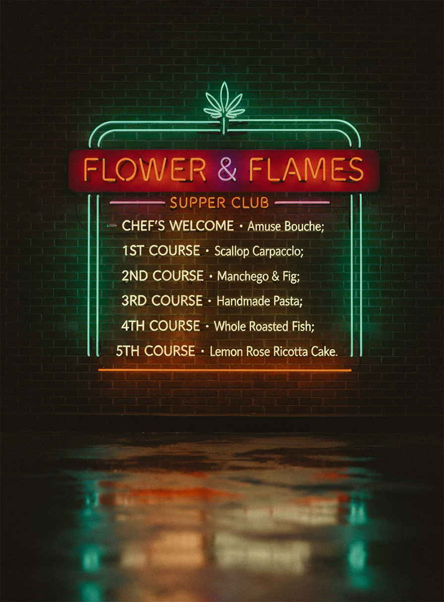 Flower & Flames supper club neon menu sign glowing over wet pavement
